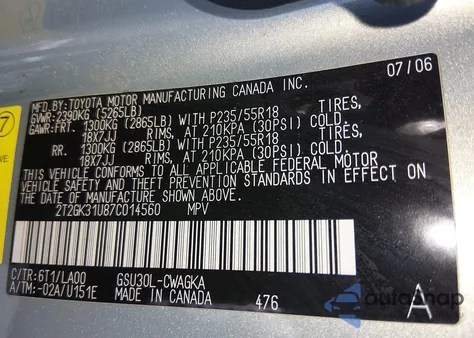 2007 Lexus Rx 350 from USA, damaged, VIN 2T2GK31U87C014560